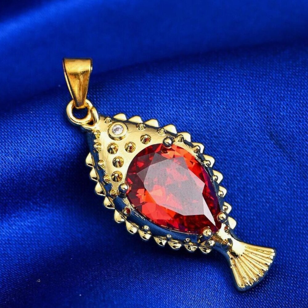 18K Gold Plated Simulated Ruby Sea Fish Pendant - Charm Necklace or Bracelet